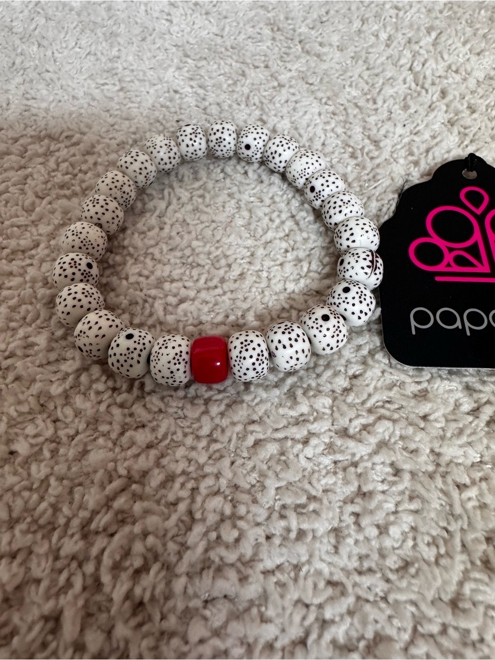 Paparazzi White Speckled Bead Bracelet with Red Accent